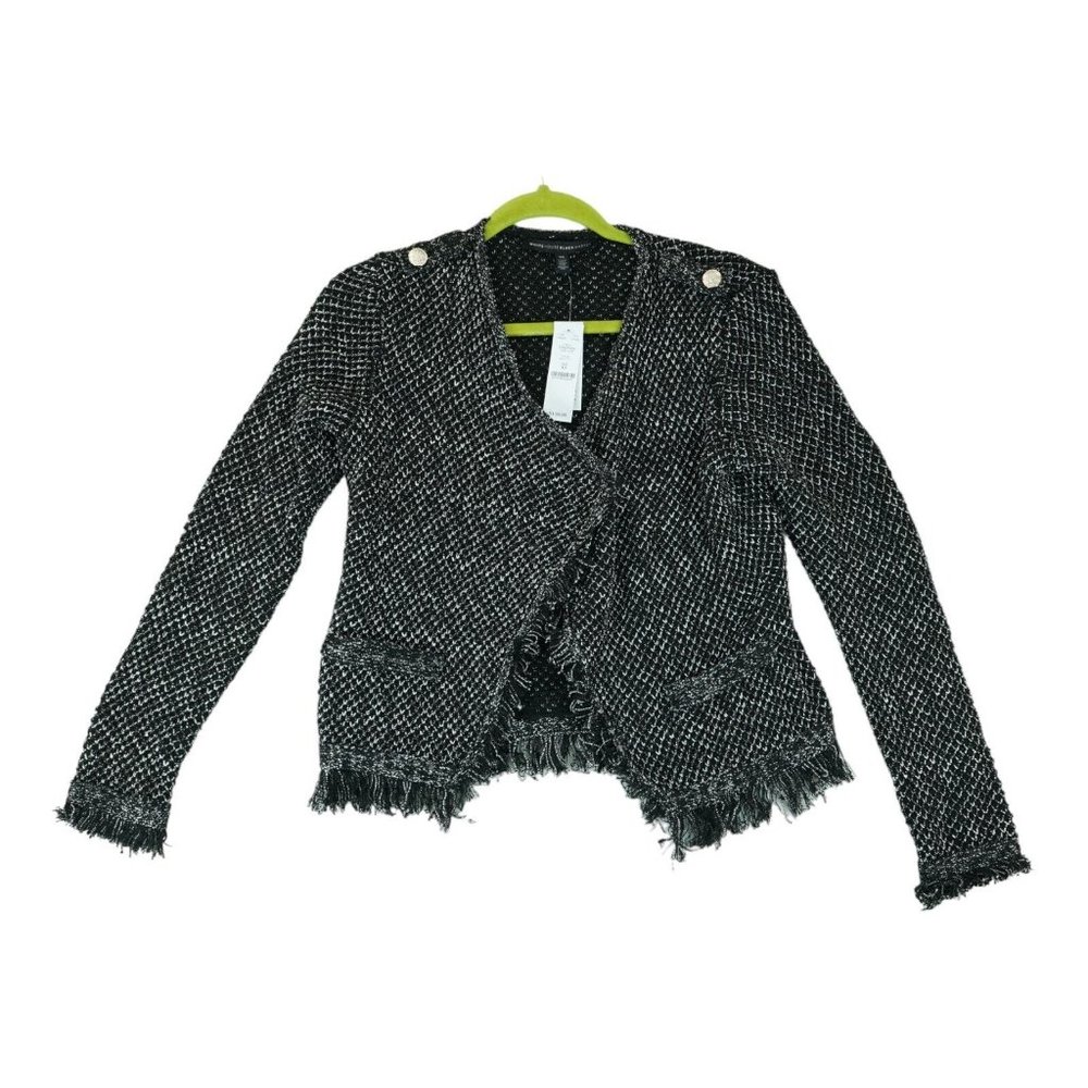 NWT Women's White House Black Market Black White Frayed Hem Open Front Jacket XS